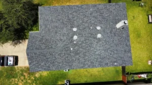 aerial view of a commercial building in austin with a gray roof