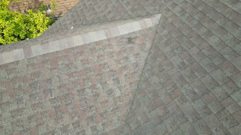 Roofing shingles on a sloped roof, showcasing texture and color variations, with greenery in the background, relevant to roof replacement services in Texas.