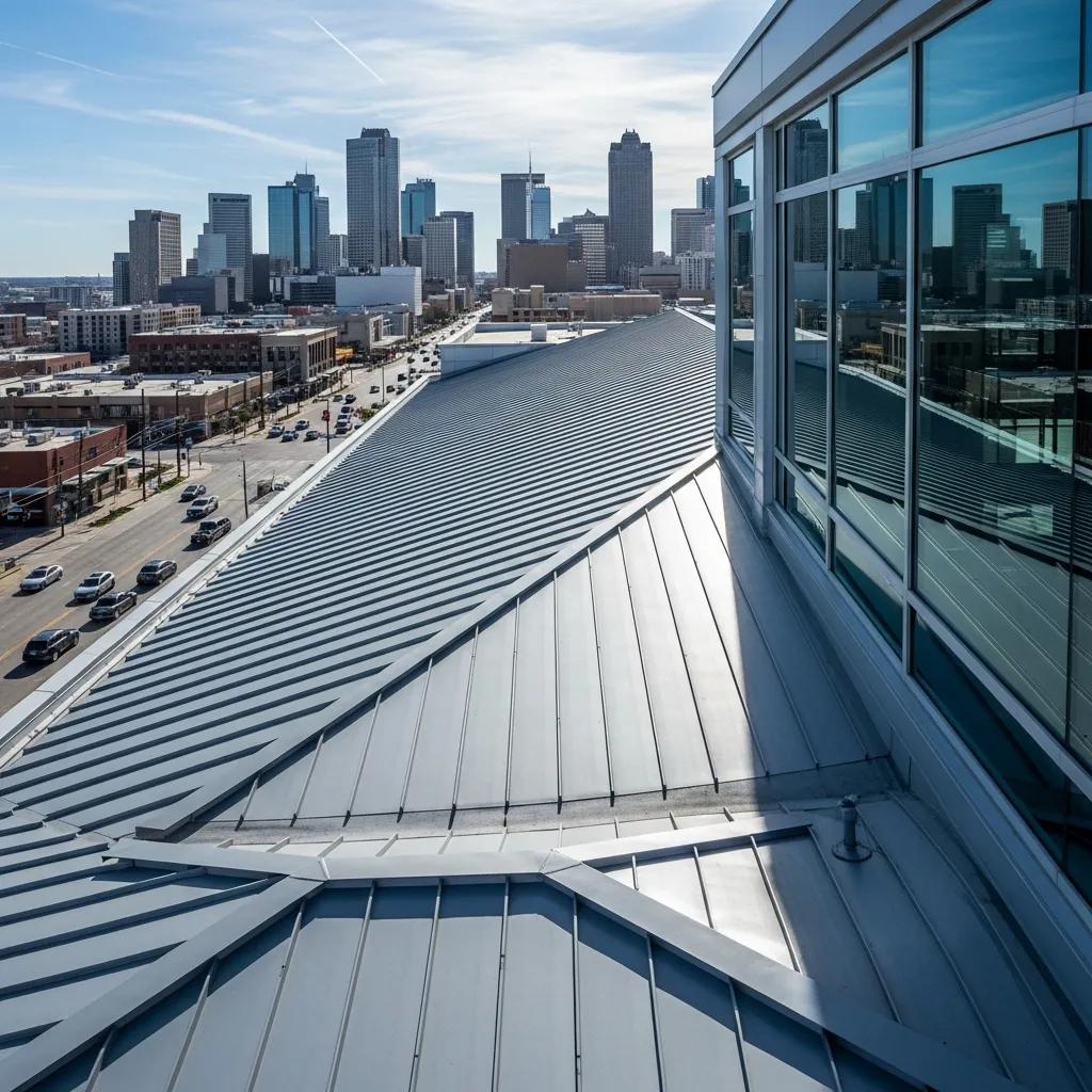 Durable metal roofing on a commercial building in a Texas urban landscape