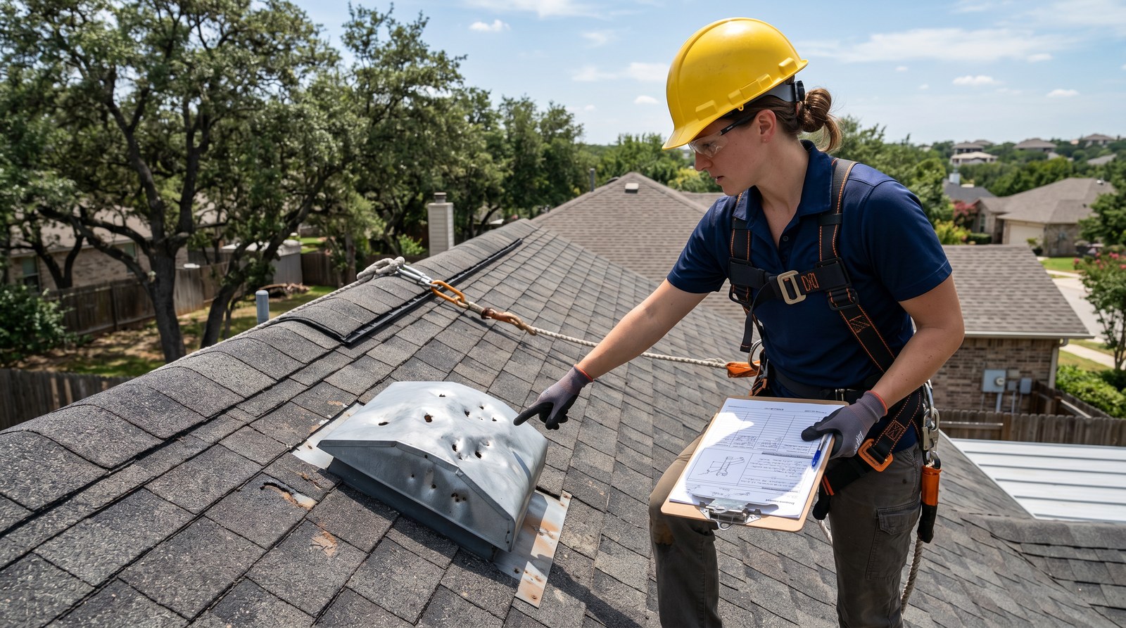 HAAG-certified roof inspector documenting hail damage on Austin roof