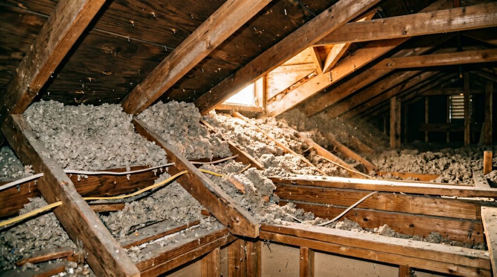 Residential attic showing insulation packed against roof decking blocking soffit intake ventilation