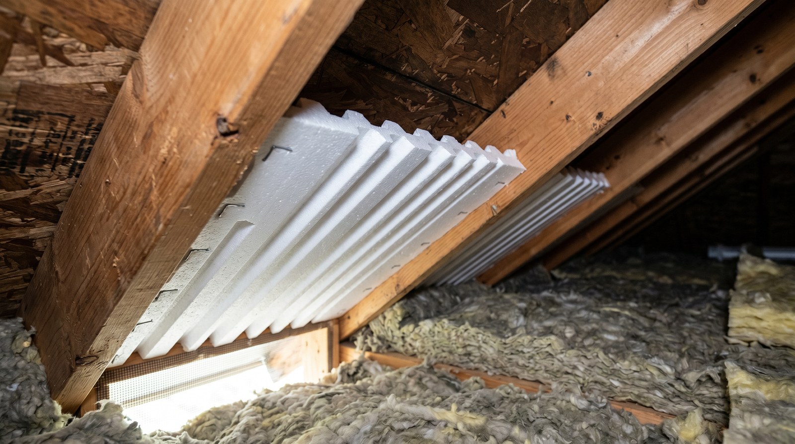 Properly installed foam baffle between roof rafters for attic ventilation