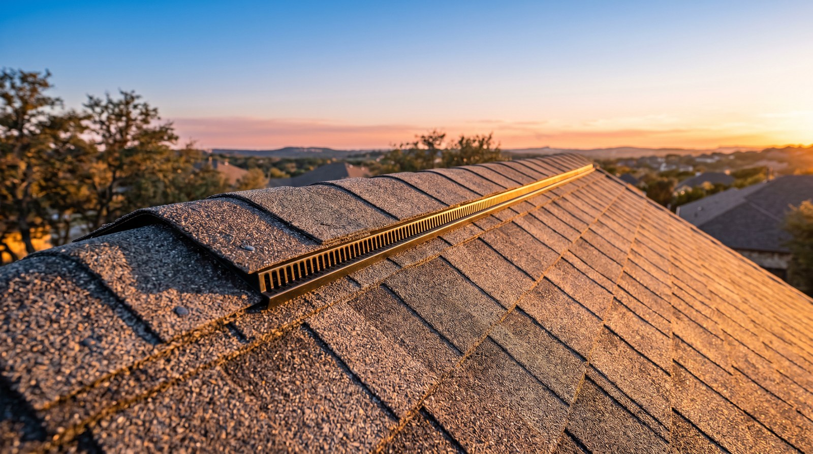 Close-up of ridge vent installation on asphalt shingle roof in Austin Texas at golden hour