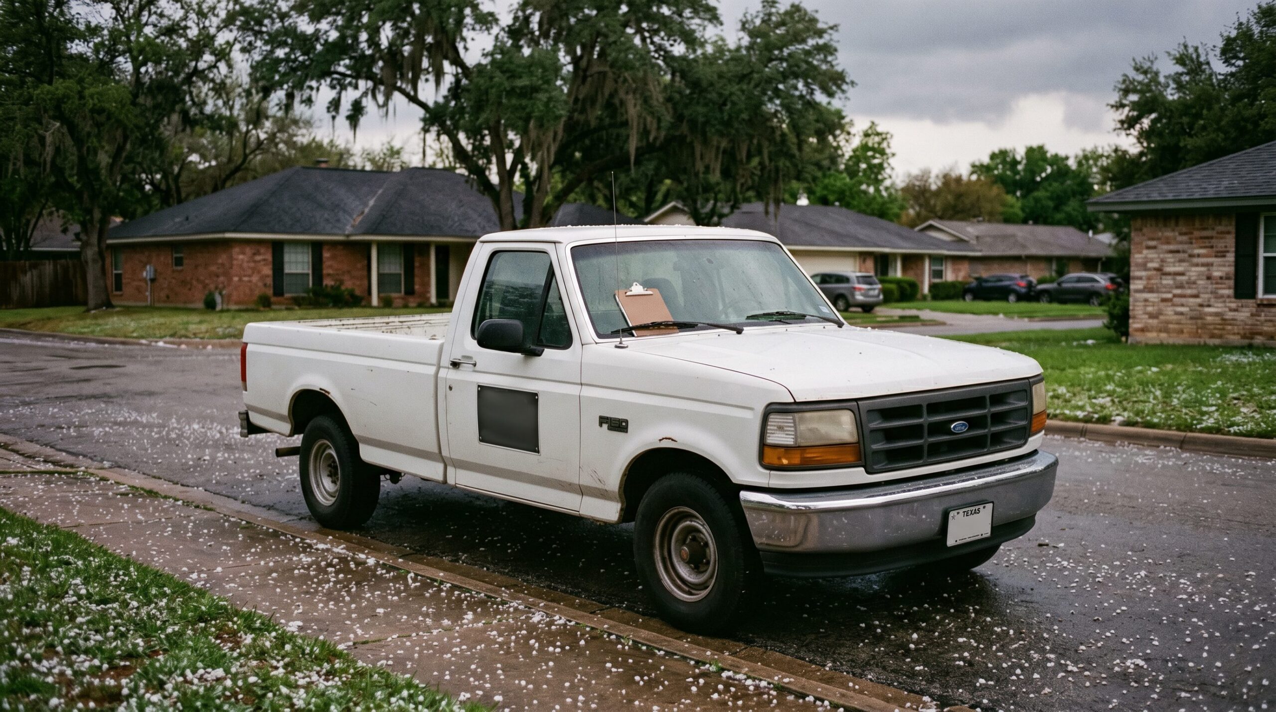 Unmarked white pickup truck parked on an Austin Texas residential street after a hail storm