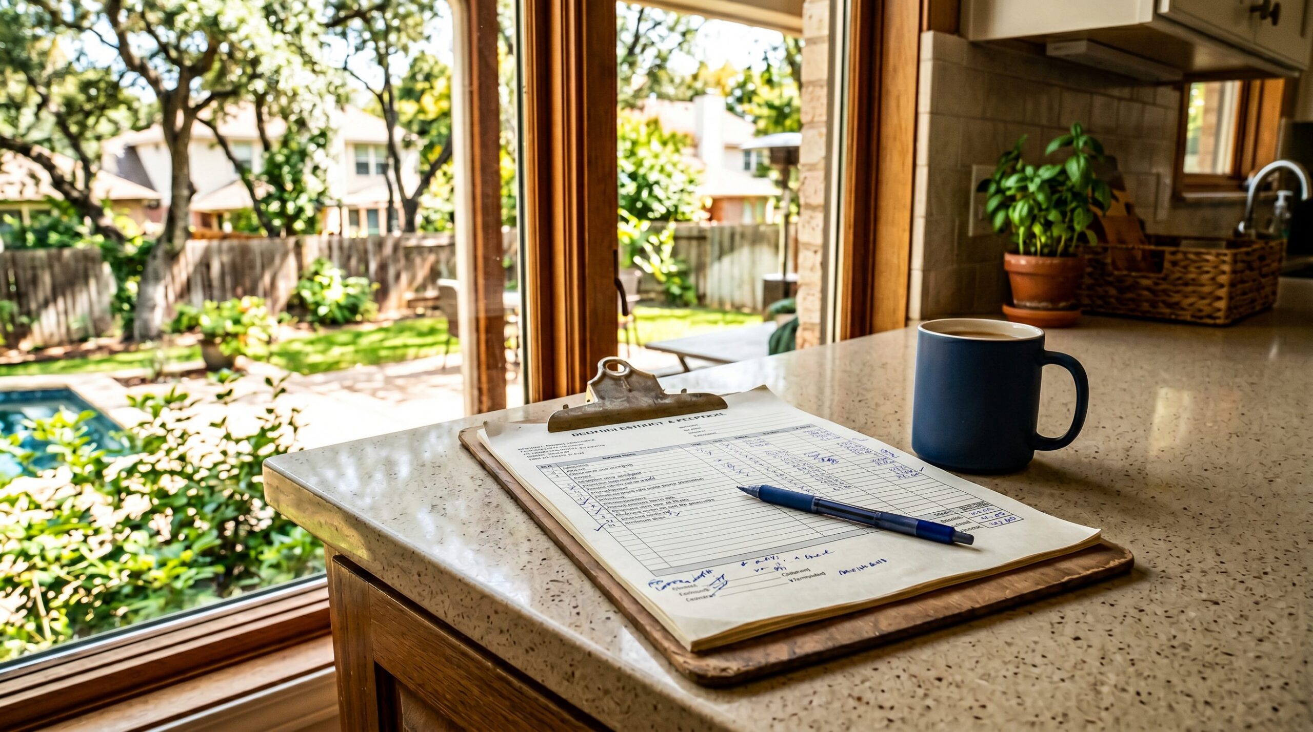 Detailed roofing estimate document on a clipboard with a pen sitting on a kitchen counter