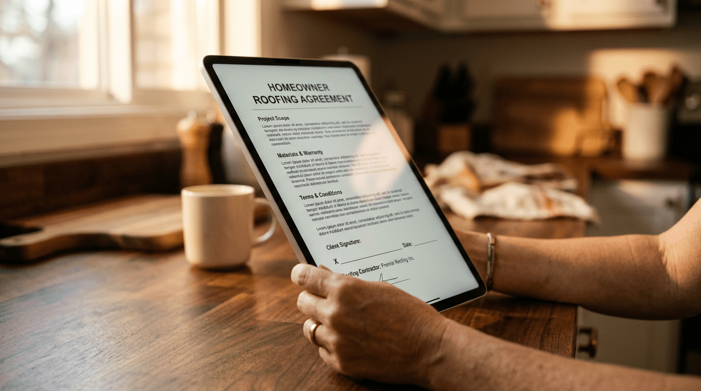 Homeowner reviewing a roofing contract on a tablet