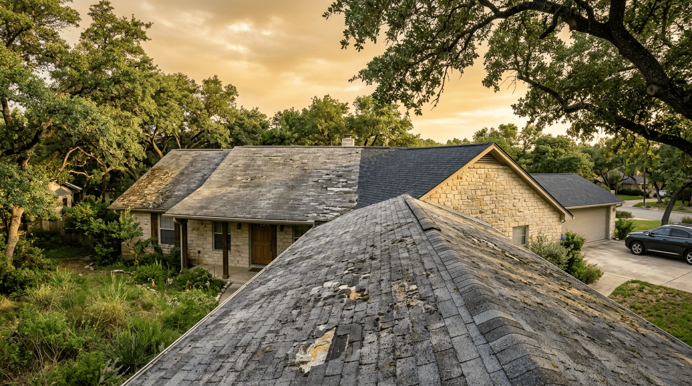 Aging Austin Texas roof with weathered asphalt shingles