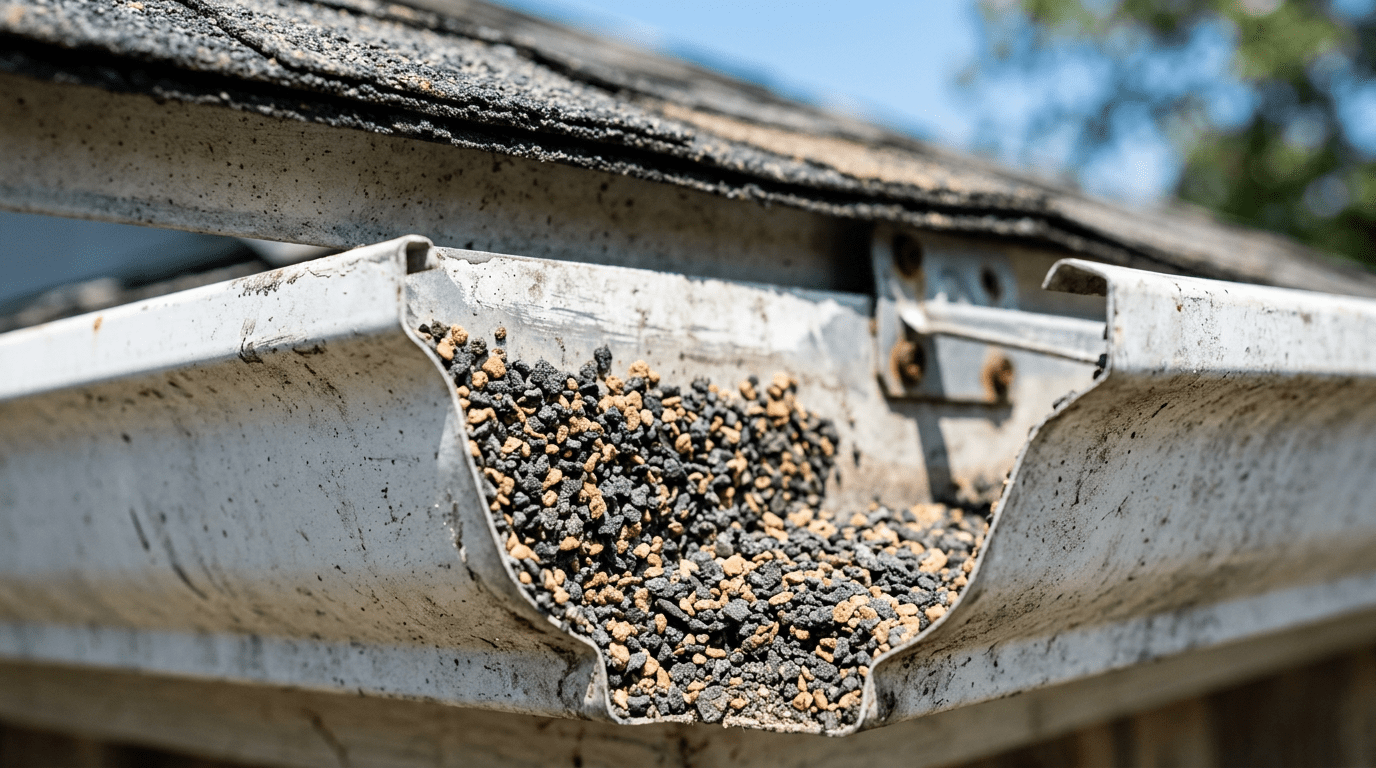 Asphalt shingle granules accumulated in a residential gutter