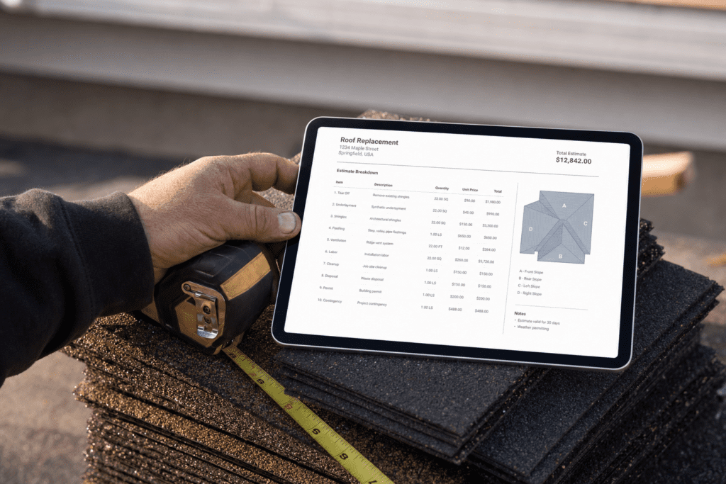 Roofer measuring an Austin home roof to calculate per-square pricing