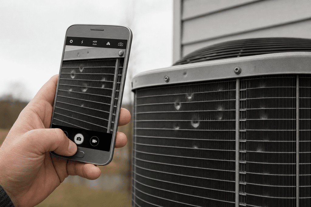 Homeowner documenting hail damage to the roof with a smartphone after a storm