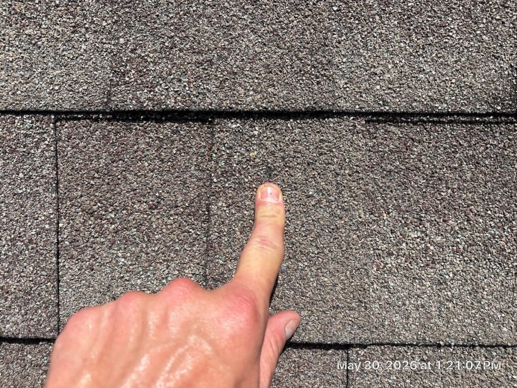 Close-up of hail impact marks on asphalt shingles on an Austin Texas residential roof showing granule displacement2