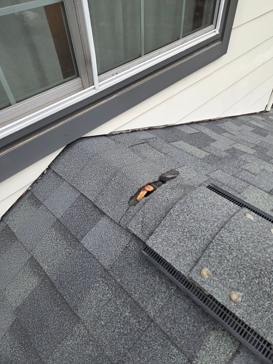Roof damage caused by wildlife on a residential home in Austin Texas inspected by RoofsOnly.com