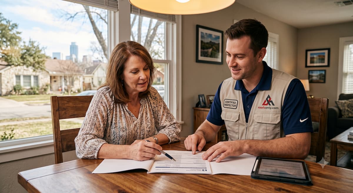 Austin Texas homeowner reviewing an insurance declarations page with a RoofsOnly.com representative
