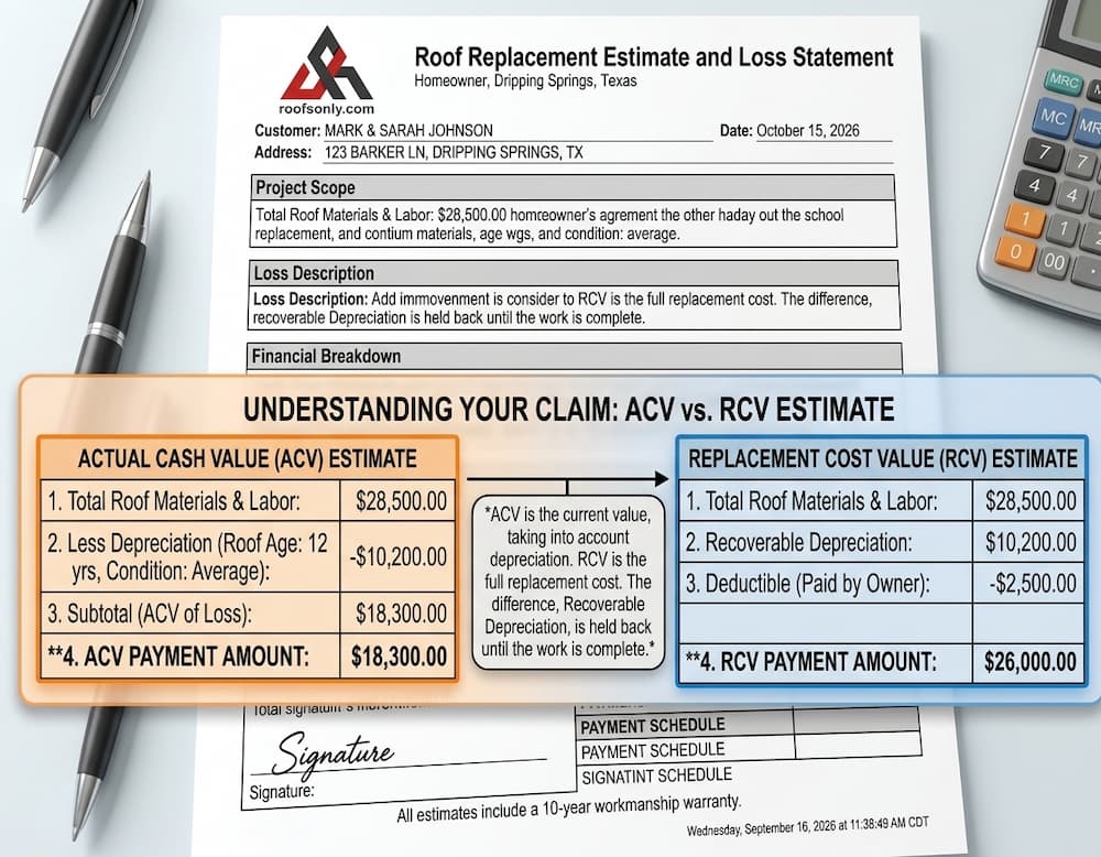 Roof insurance estimate document with ACV and RCV line items highlighted