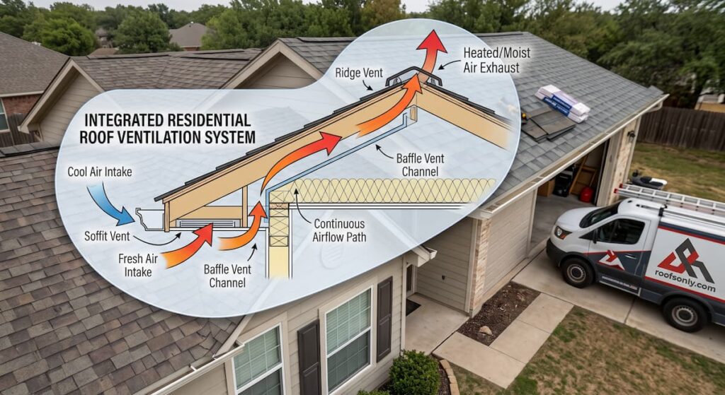 Ridge vent and soffit vent airflow diagram on residential roofline