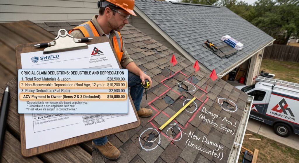 Contractor Comparing Insurance Scope to Roof Damage