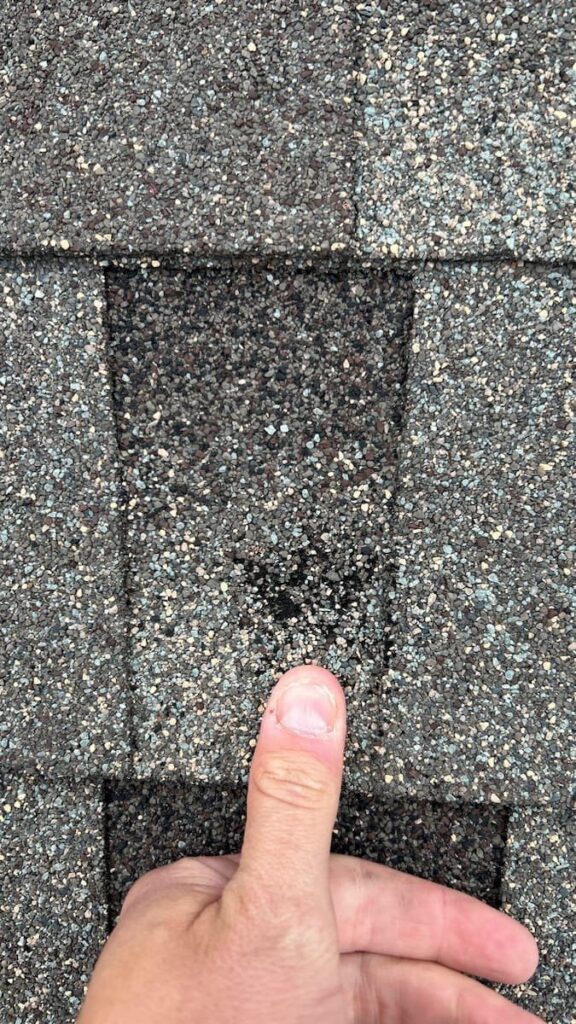 Close-up of hail damage on an asphalt shingle roof in Mueller, Austin, following the September 2023 storm.
